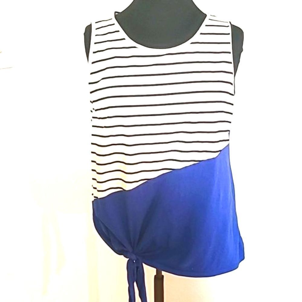 Sleeveless Two-Tone Top, Blue & White Stripe & Solid Blue, Size Medium